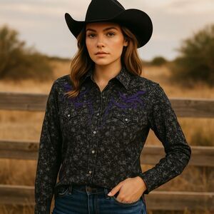 Cruel Girl Western Pearl Snap Shirt Women M Embroidered Black Purple Rodeo Y2K
